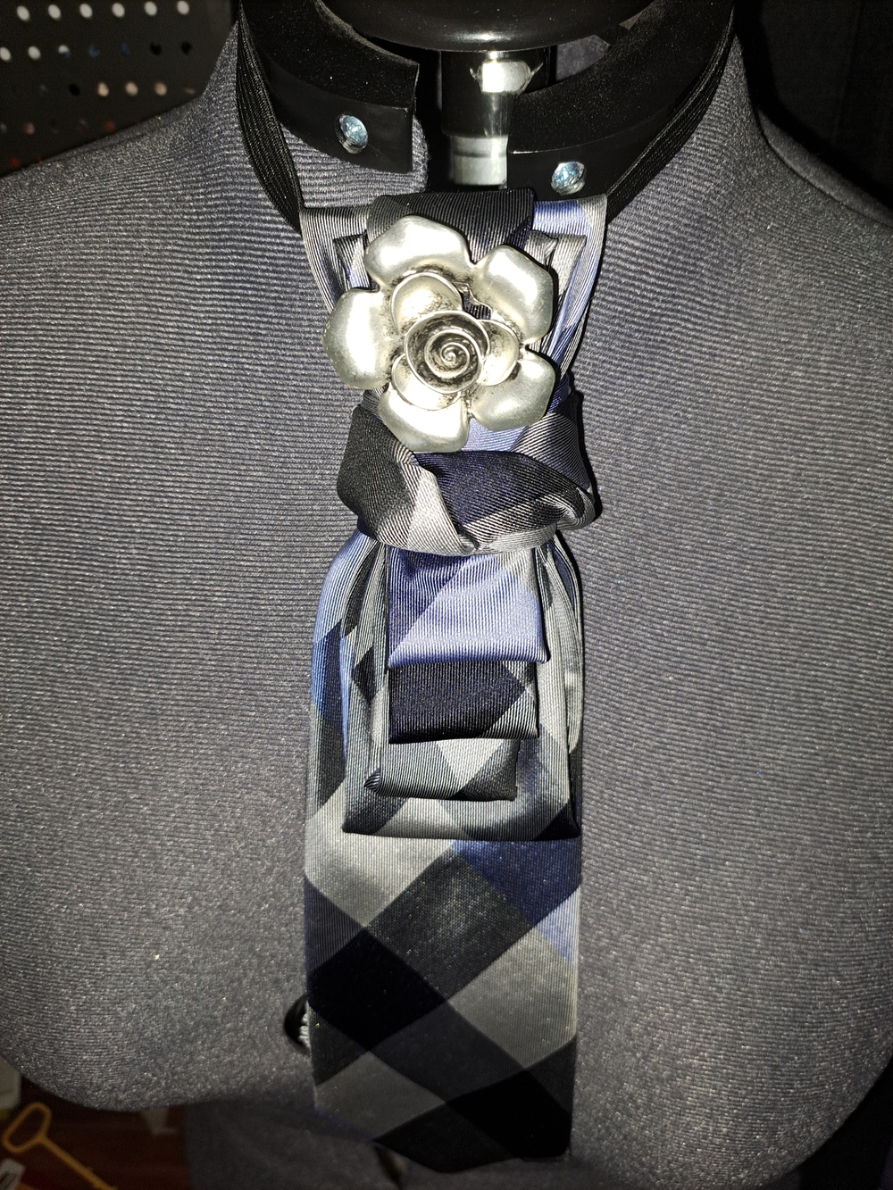 Blue and Black Plaid Upcycled Necktie with Silver Flower Pin